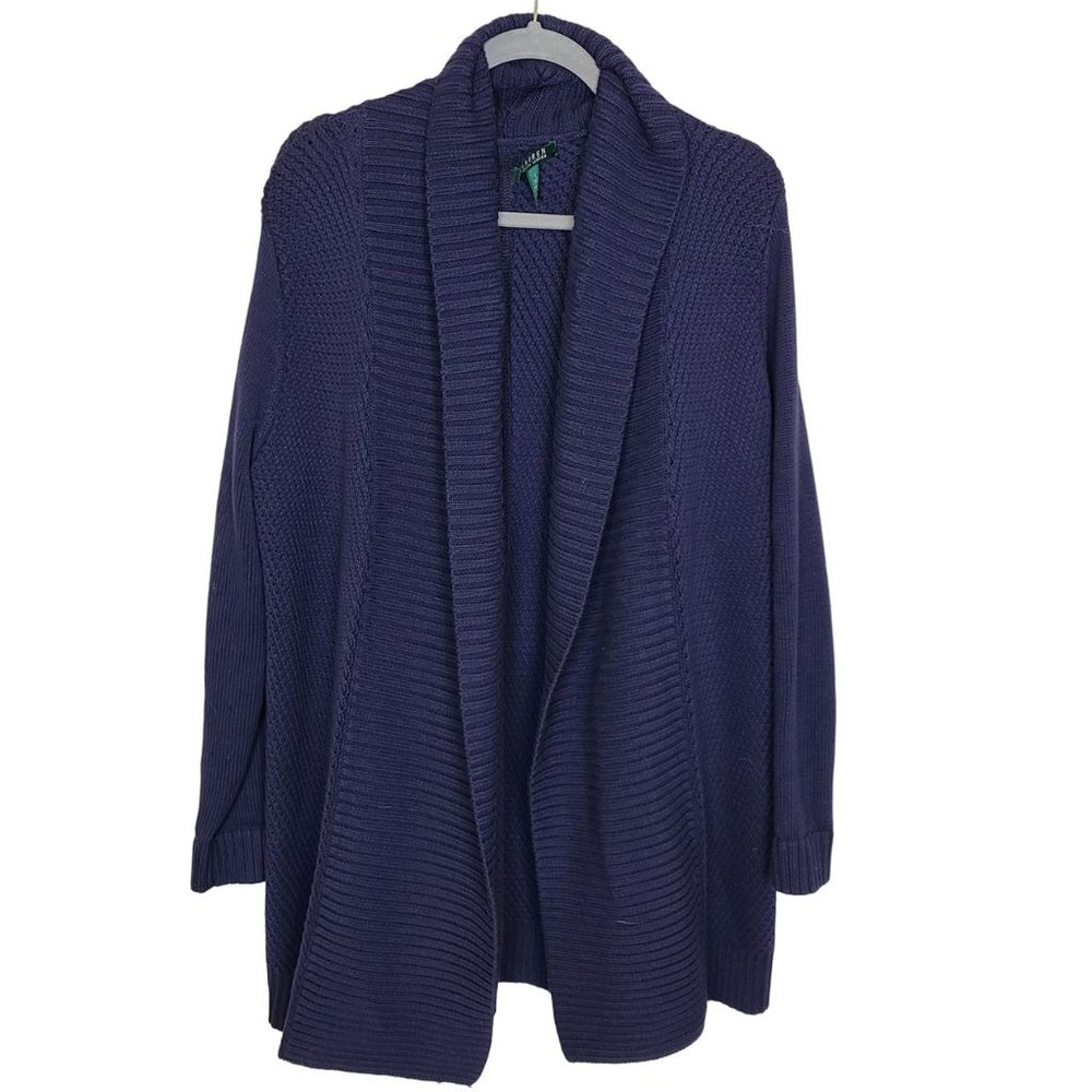 Lauren Ralph Lauren Womens XL Blue Open Front Heavyweight Shawl Cardigan Sweater